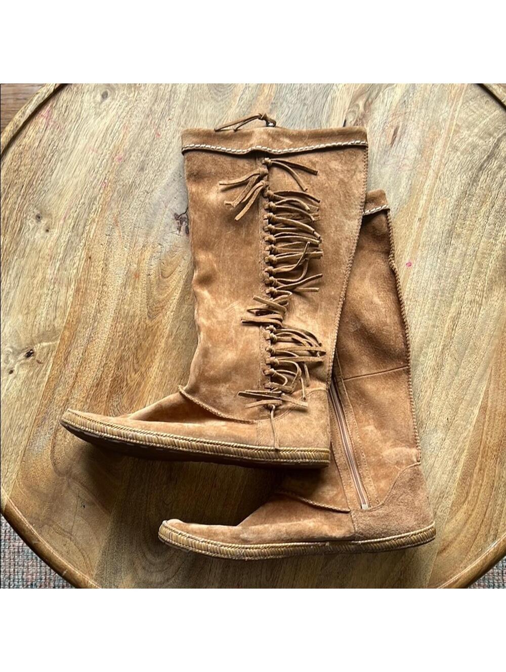 UGG Fringe Tan Suede Knee-High Boots Women's size 9 Boho Festival Fall